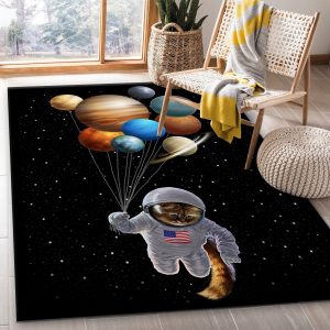 Cat Holding Planet Balloon Area Rug For Christmas Living Room Rug Family Gift US Decor