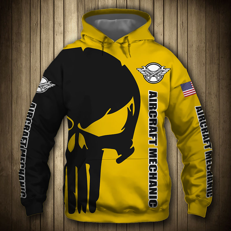Aircraft Mechanic Punisher Skull US Flag Black Yellow 3D Printed Hoodie/Zipper Hoodie Aircraft Mechanic Punisher Skull US Flag Black Yellow 3D Printed Hoodie/Zipper Hoodie