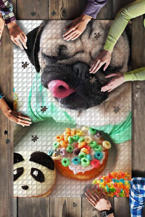 Animal Dogs, Pug With Donut Jigsaw Puzzle Set