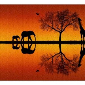 Animal Elephant And Giraffe At Sunset Jigsaw Puzzle Set