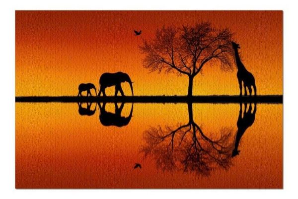 Animal Elephant And Giraffe At Sunset Jigsaw Puzzle Set