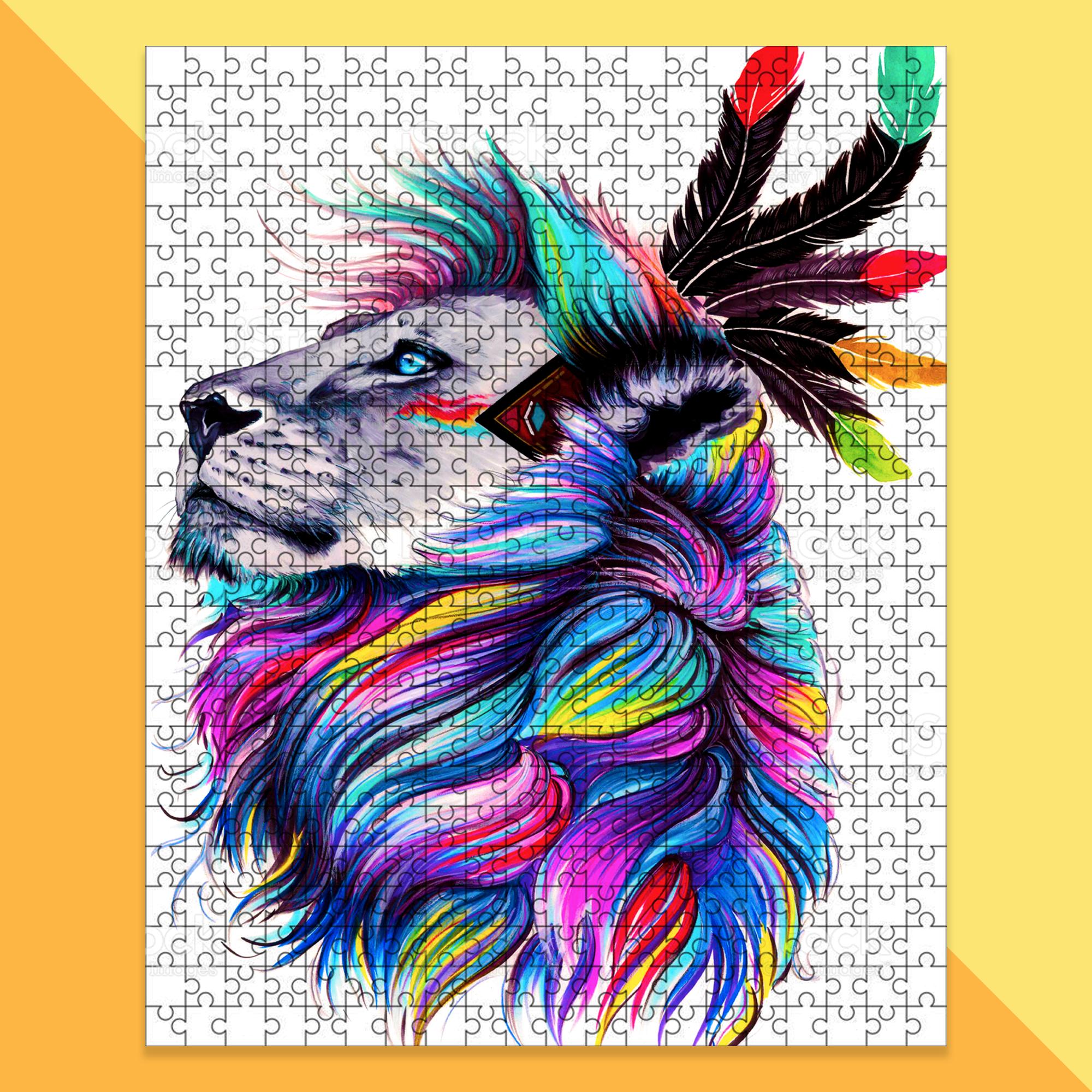 Animal Lion With Feather, Colorful Painting Jigsaw Puzzle Set Animal Lion With Feather, Colorful Painting Jigsaw Puzzle Set