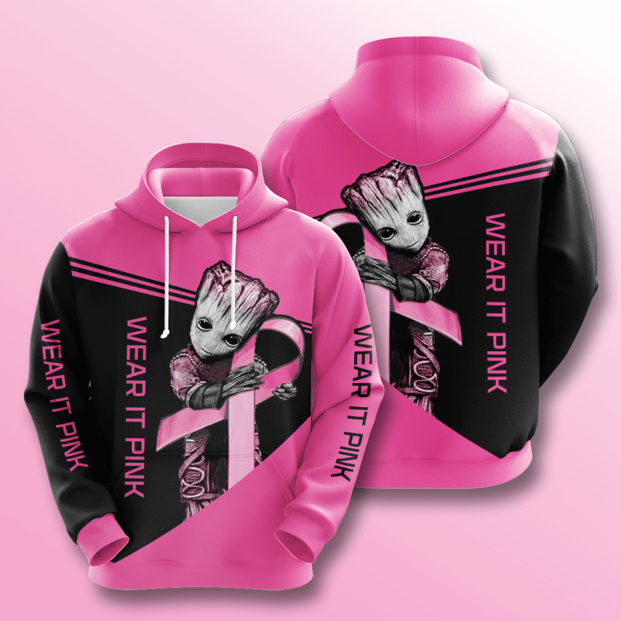 Baby Groot Wear it Pink Breast Cancer 3D Printed Hoodie/Zipper Hoodie Baby Groot Wear it Pink Breast Cancer 3D Printed Hoodie/Zipper Hoodie