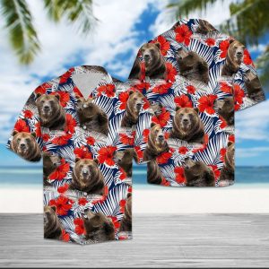 Bear Hibiscus Flower Hawaiian Shirt Summer Button Up