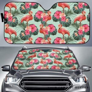Beautiful Flamingo Tropical Palm Leaves Hibiscus Pateern Car Auto Sun Shade