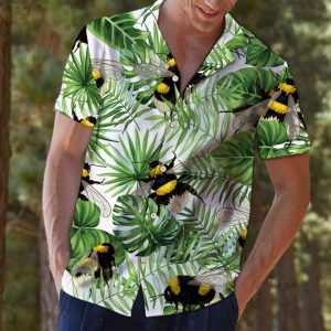 Bee Green Tropical Leaves Hawaiian Shirt Summer Button Up