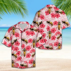 Bee Tropical Flowers Hibiscus Hawaiian Shirt Summer Button Up
