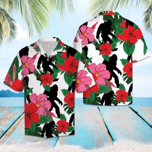 Bigfoot And Hibiscus Hawaiian Shirt Summer Button Up