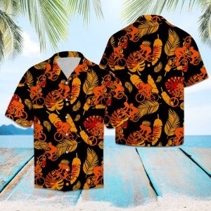 Biking Orange Flower Pattern Hawaiian Shirt Summer Button Up