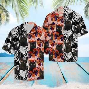 Black Cat Floral Hawaiian Shirt Summer Button Up