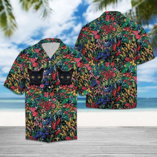 Black Cat Flowers Hawaiian Shirt Summer Button Up