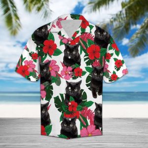 Black Cat Hibiscus Hawaiian Shirt Summer Button Up