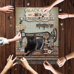 Black Cat In Sewing Room Jigsaw Puzzle Set