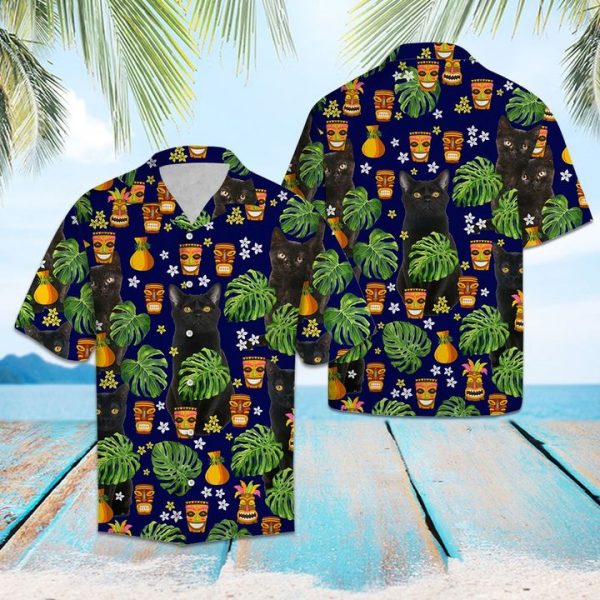 Black Cat Native Tropical Hawaiian Shirt Summer Button Up