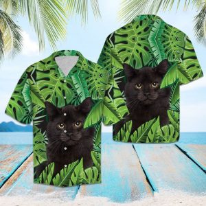 Black Cat Palm Leaves Hawaiian Shirt Summer Button Up