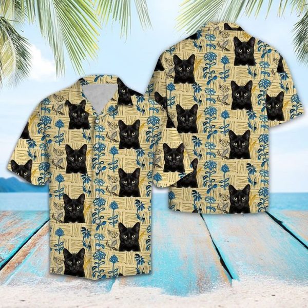 Black Cat Pattern Hawaiian Shirt Summer Button Up
