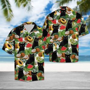 Black Cat Tropical Fruit Hawaiian Shirt Summer Button Up
