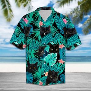 Black Cat Tropical Hawaiian Shirt Summer Button Up