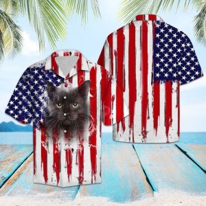 Black Cat Us Flag Pattern Hawaiian Shirt Summer Button Up