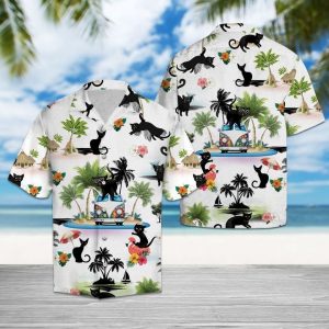 Black Cat Vacation Hawaiian Shirt Summer Button Up