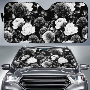 Black White Rose Floral Car Auto Sun Shade