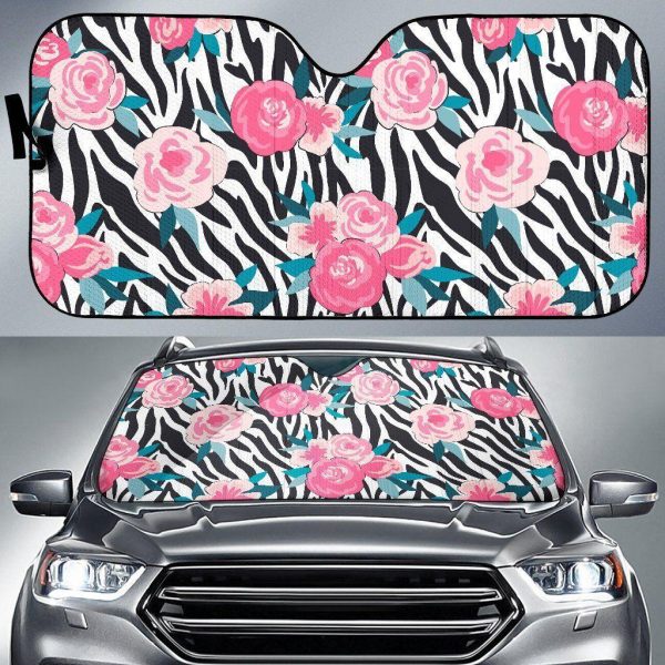 Black White Zebra Floral Car Auto Sun Shade