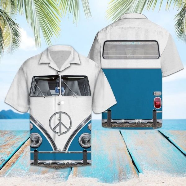 Blue Hippie Bus Hawaiian Shirt Summer Button Up