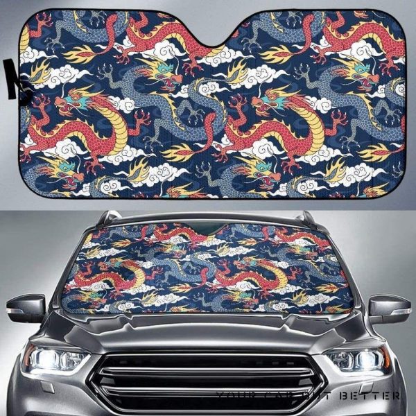 Blue Red Dragon Cloud Pattern Car Auto Sun Shade