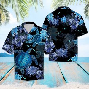 Blue Turtle Flower Hawaiian Shirt Summer Button Up