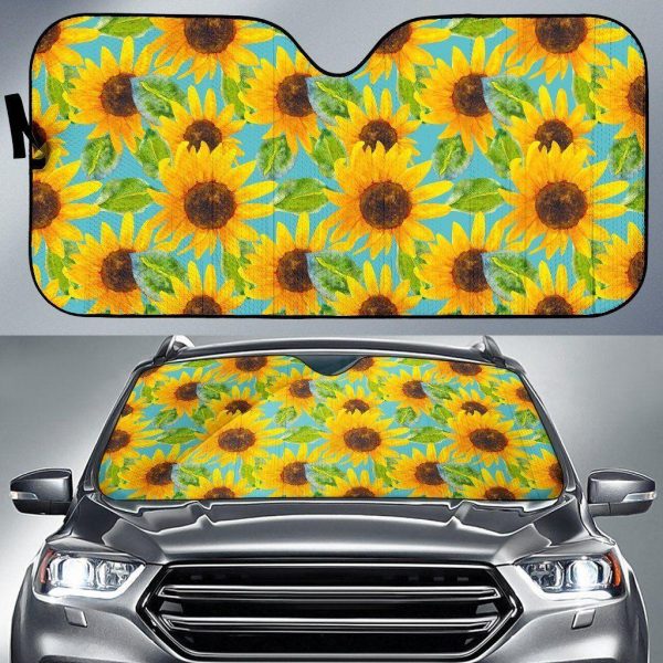 Blue Watercolor Sunflower Car Auto Sun Shade