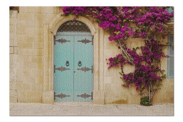 Blue Wooden Door & Pink Bougainvillea Flowers Jigsaw Puzzle Set