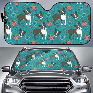 Boston Terrier Beautiful Flower Pattern Car Auto Sun Shade