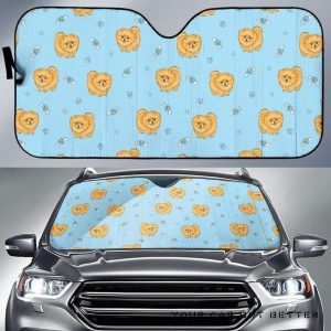 Brown Cute Pomeranian Blue Blackground Car Auto Sun Shade