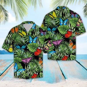 Butterfly Green Tropical Leaves Hawaiian Shirt Summer Button Up
