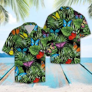 Butterfly Green Tropical Leaves Hawaiian Shirt Summer Button Up