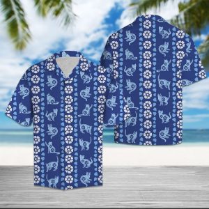 Cat Blue Floral Hawaiian Shirt Summer Button Up
