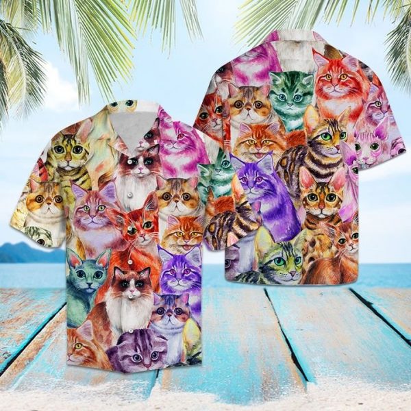 Cat Color Hawaiian Shirt Summer Button Up
