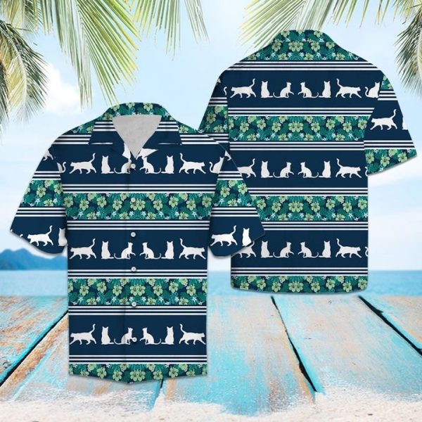 Cat Shape Tropical Line Hawaiian Shirt Summer Button Up