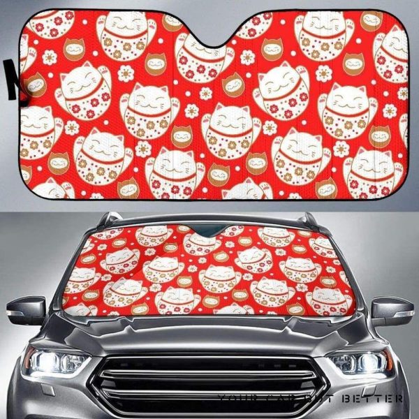 Cute Maneki Neko Cat Red Car Auto Sun Shade