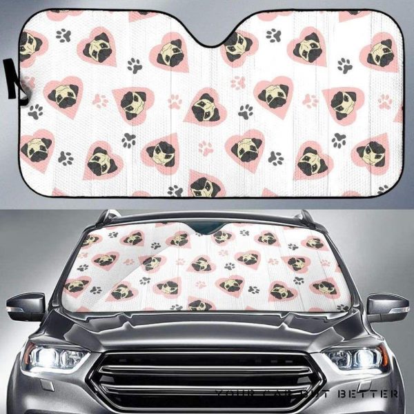 Cute Pugs Pink Heart Paw Pattern Car Auto Sun Shade