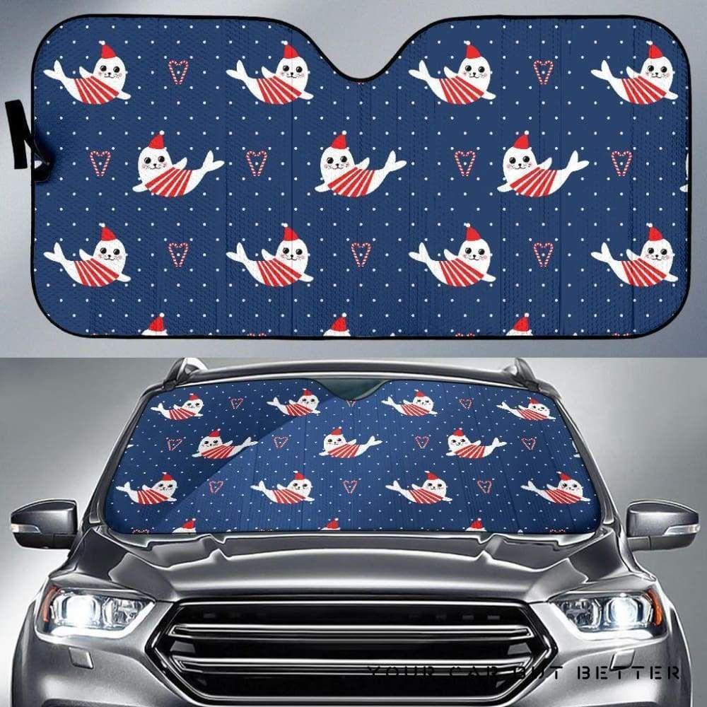 Cute Sea Lion Seal Christmas Hat Candy Cane Heart Pattern Car Auto Sun Shade Cute Sea Lion Seal Christmas Hat Candy Cane Heart Pattern Car Auto Sun Shade