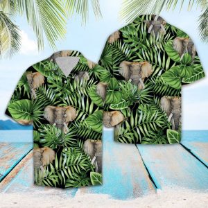 Elephant Green Tropical Leaves Hawaiian Shirt Summer Button Up