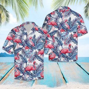 Flamingo Blue Palm Leaves Hawaiian Shirt Summer Button Up