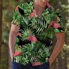 Flamingo Green Tropical Leaves Hawaiian Shirt Summer Button Up