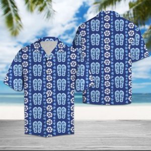 Flipflops Blue Floral Hawaiian Shirt Summer Button Up