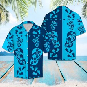 Flipflops Blue Flower Hawaiian Shirt Summer Button Up