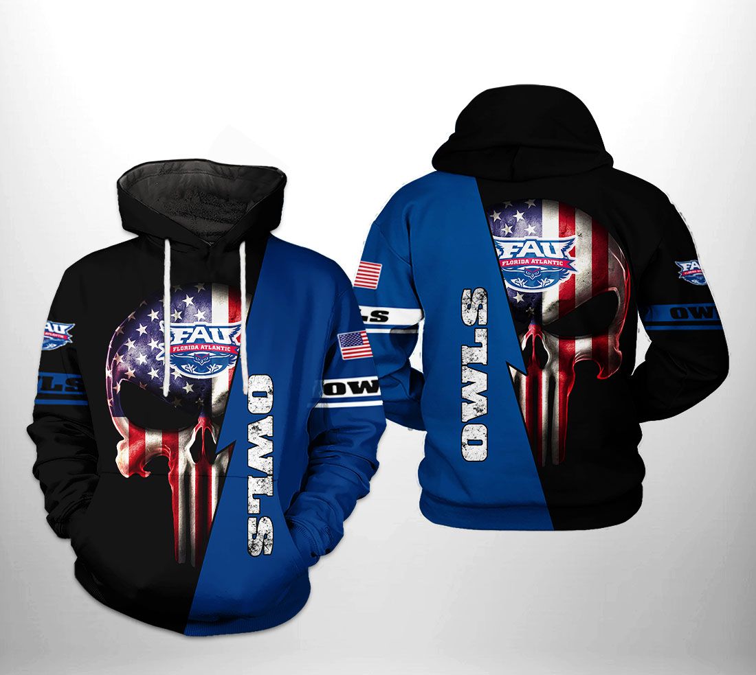 Florida Atlantic Owls NCAA US Flag Skull 3D Printed Hoodie/Zipper Hoodie Florida Atlantic Owls NCAA US Flag Skull 3D Printed Hoodie/Zipper Hoodie