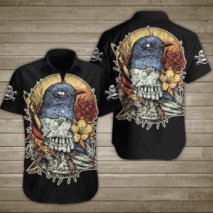 Flower And Raven Human Skull Hawaiian Shirt Summer Button Up