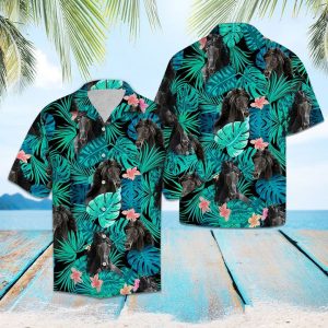 Friesian Horse Green Tropical Hawaiian Shirt Summer Button Up