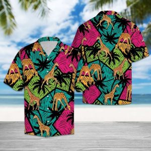 Giraffe Coconut Palm Tree Hawaiian Shirt Summer Button Up